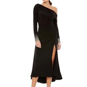 Ieena for Mac Duggal NWT Black Foldover Long Sleeve Jeweled Midi Dress Size 6